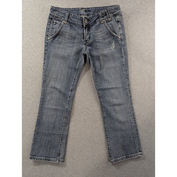 Miss Me Jeans Womens SZ 29 Blue Distressed Classic Cropped Flap Pocket Whiskers - Picture 1 of 16